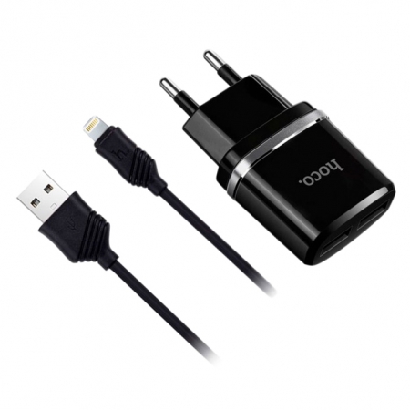 Сетевое зарядное устройство hoco c12 2xUSB 2.4A black + lightning